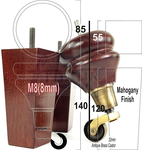 4x WOODEN FURNITURE CHAIR LEGS M8 REPLACEMENT SOFA FEET WITH CASTORS 140mm HIGH - Image 9