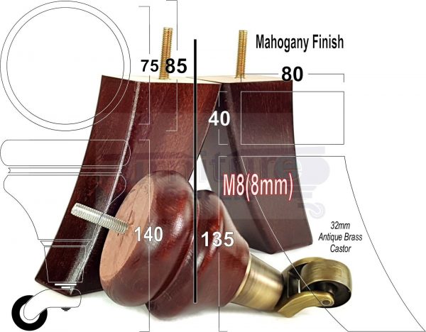 4x WOODEN FURNITURE LEGS M8 REPLACEMENT FEET 2 WITH CASTORS 150mm HIGH MAHOGANY - Image 13