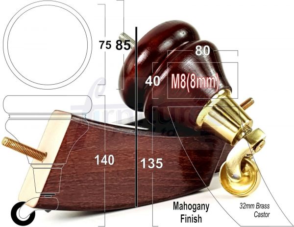 4x WOODEN FURNITURE LEGS M8 REPLACEMENT FEET 2 WITH CASTORS 150mm HIGH MAHOGANY - Image 11