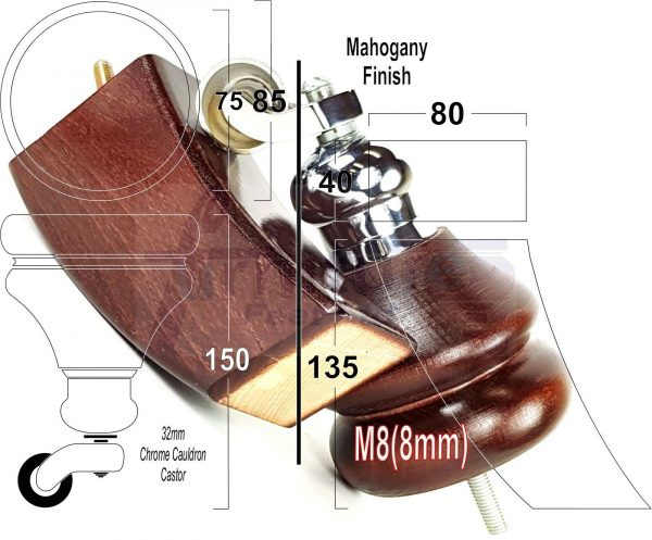 4x WOODEN FURNITURE LEGS M8 REPLACEMENT FEET 2 WITH CASTORS 150mm HIGH MAHOGANY - Image 16
