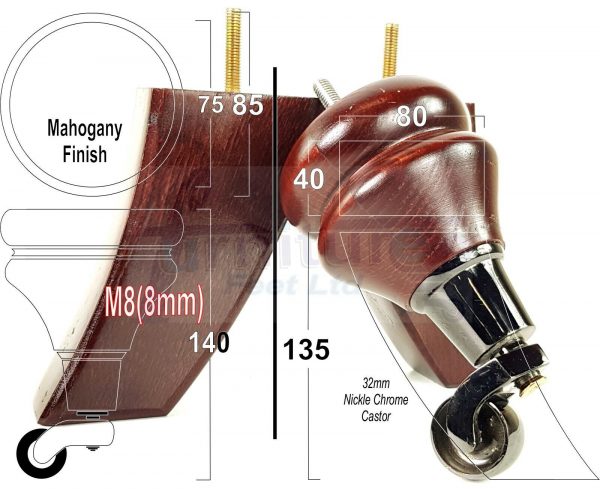 4x WOODEN FURNITURE LEGS M8 REPLACEMENT FEET 2 WITH CASTORS 150mm HIGH MAHOGANY - Image 14