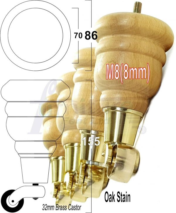 4x WOODEN FURNITURE LEGS M8(8mm) CHAIR REPLACEMENT BRASS CASTOR FEET 155mm HIGH - Image 30