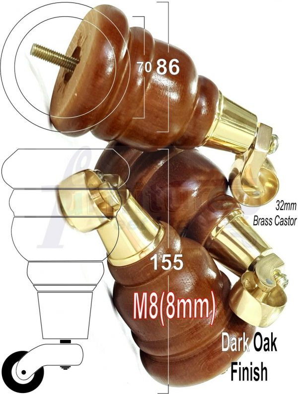 4x WOODEN FURNITURE LEGS M8(8mm) CHAIR REPLACEMENT BRASS CASTOR FEET 155mm HIGH - Image 18