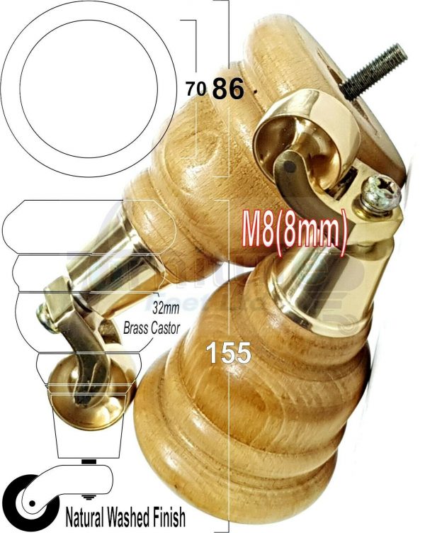 4x WOODEN FURNITURE LEGS M8(8mm) CHAIR REPLACEMENT BRASS CASTOR FEET 155mm HIGH - Image 43