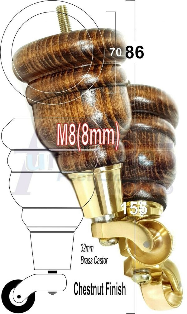 4x WOODEN FURNITURE LEGS M8(8mm) CHAIR REPLACEMENT BRASS CASTOR FEET 155mm HIGH - Image 42
