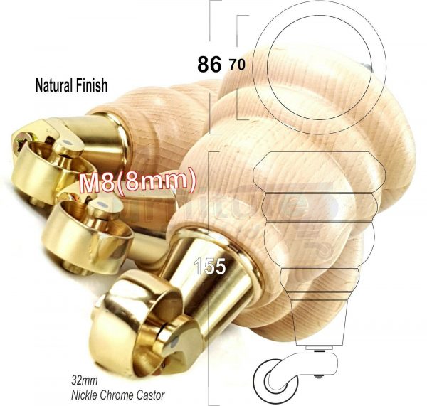 4x WOODEN FURNITURE LEGS M8(8mm) CHAIR REPLACEMENT BRASS CASTOR FEET 155mm HIGH - Image 28