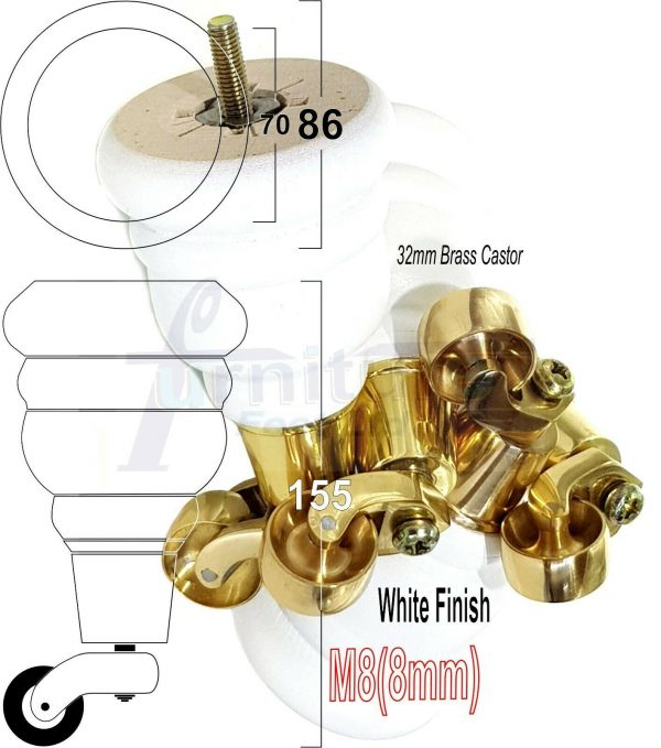 4x WOODEN FURNITURE LEGS M8(8mm) CHAIR REPLACEMENT BRASS CASTOR FEET 155mm HIGH - Image 35