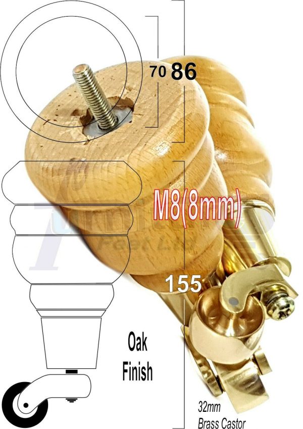 4x WOODEN FURNITURE LEGS M8(8mm) CHAIR REPLACEMENT BRASS CASTOR FEET 155mm HIGH - Image 29
