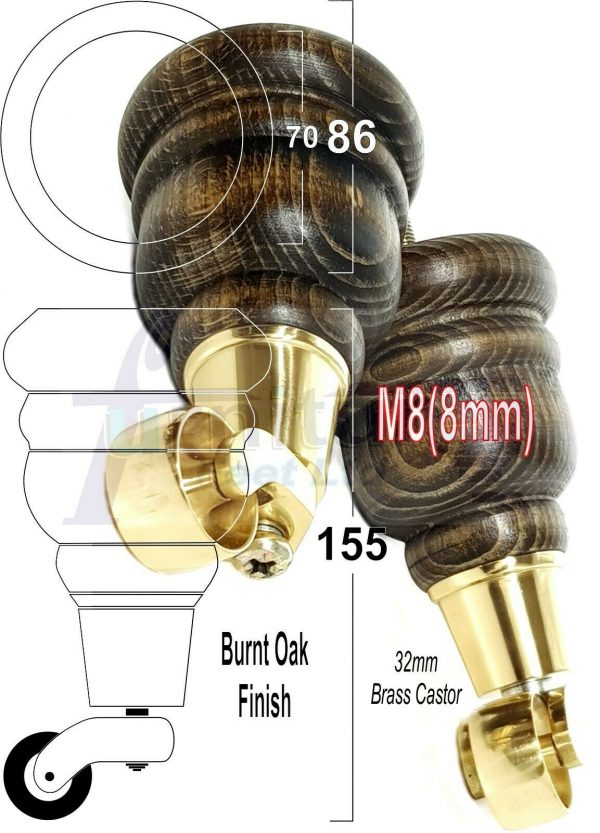 4x WOODEN FURNITURE LEGS M8(8mm) CHAIR REPLACEMENT BRASS CASTOR FEET 155mm HIGH - Image 41