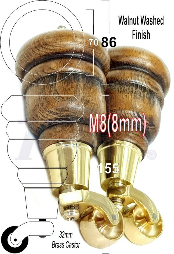 4x WOODEN FURNITURE LEGS M8(8mm) CHAIR REPLACEMENT BRASS CASTOR FEET 155mm HIGH - Image 20