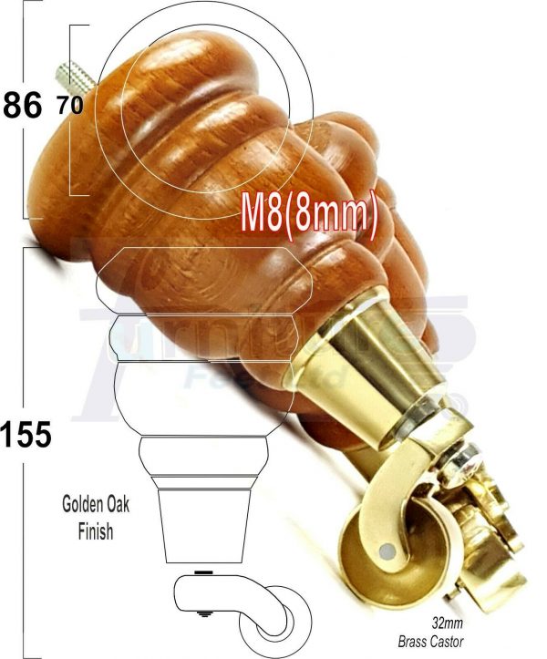 4x WOODEN FURNITURE LEGS M8(8mm) CHAIR REPLACEMENT BRASS CASTOR FEET 155mm HIGH - Image 22