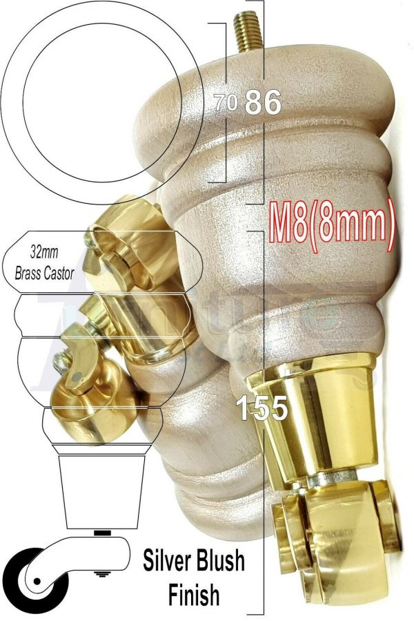 4x WOODEN FURNITURE LEGS M8(8mm) CHAIR REPLACEMENT BRASS CASTOR FEET 155mm HIGH - Image 17