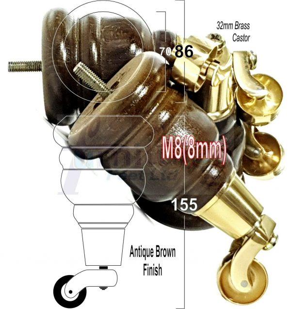 4x WOODEN FURNITURE LEGS M8(8mm) CHAIR REPLACEMENT BRASS CASTOR FEET 155mm HIGH - Image 13