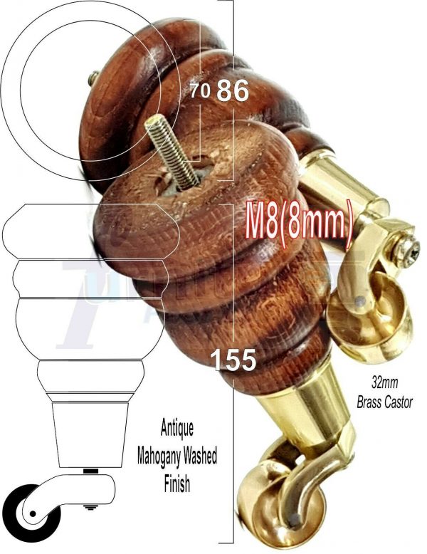 4x WOODEN FURNITURE LEGS M8(8mm) CHAIR REPLACEMENT BRASS CASTOR FEET 155mm HIGH - Image 39