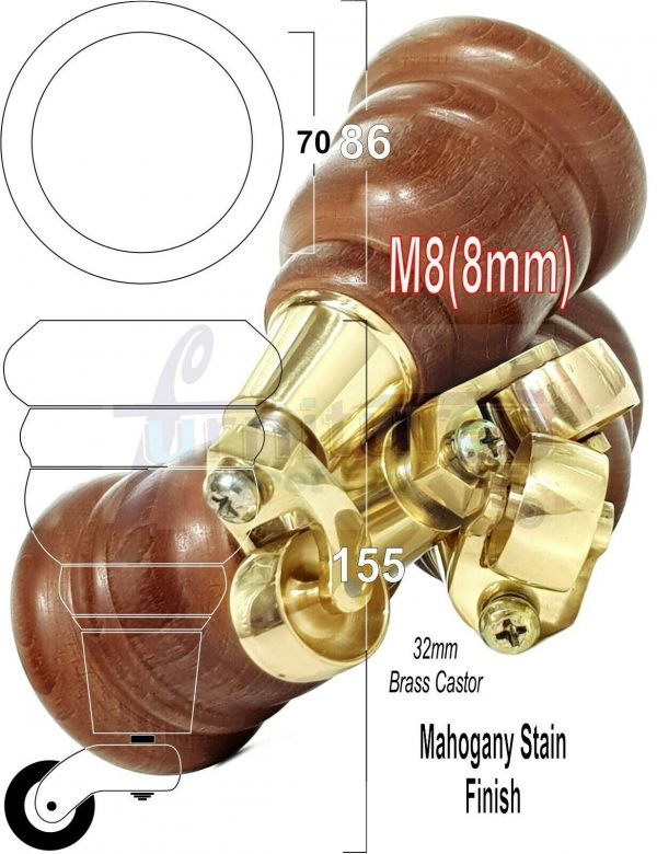 4x WOODEN FURNITURE LEGS M8(8mm) CHAIR REPLACEMENT BRASS CASTOR FEET 155mm HIGH - Image 25