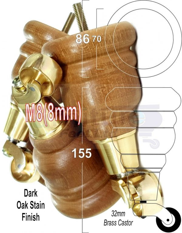 4x WOODEN FURNITURE LEGS M8(8mm) CHAIR REPLACEMENT BRASS CASTOR FEET 155mm HIGH - Image 31