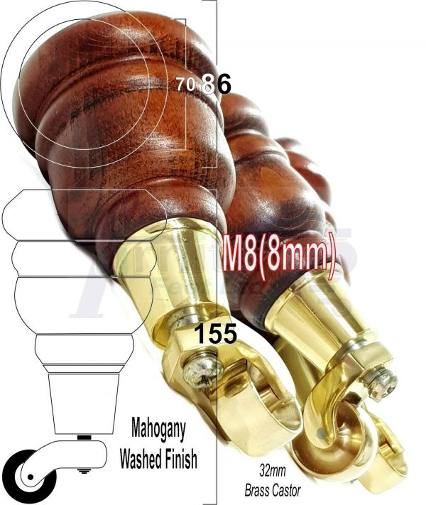 4x WOODEN FURNITURE LEGS M8(8mm) CHAIR REPLACEMENT BRASS CASTOR FEET 155mm HIGH - Image 26