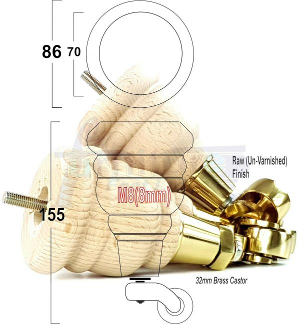 4x WOODEN FURNITURE LEGS M8(8mm) CHAIR REPLACEMENT BRASS CASTOR FEET 155mm HIGH - Image 33
