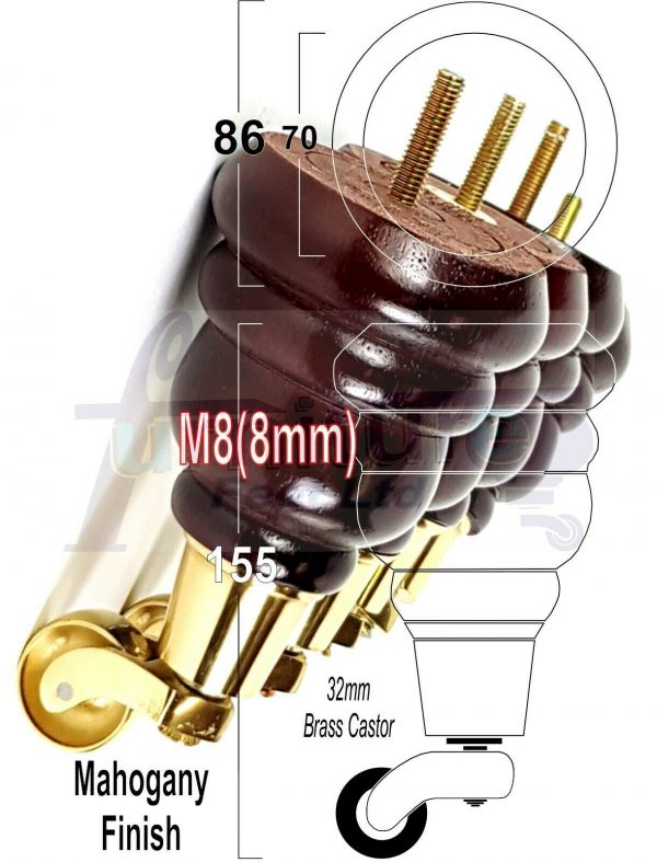 4x WOODEN FURNITURE LEGS M8(8mm) CHAIR REPLACEMENT BRASS CASTOR FEET 155mm HIGH - Image 24