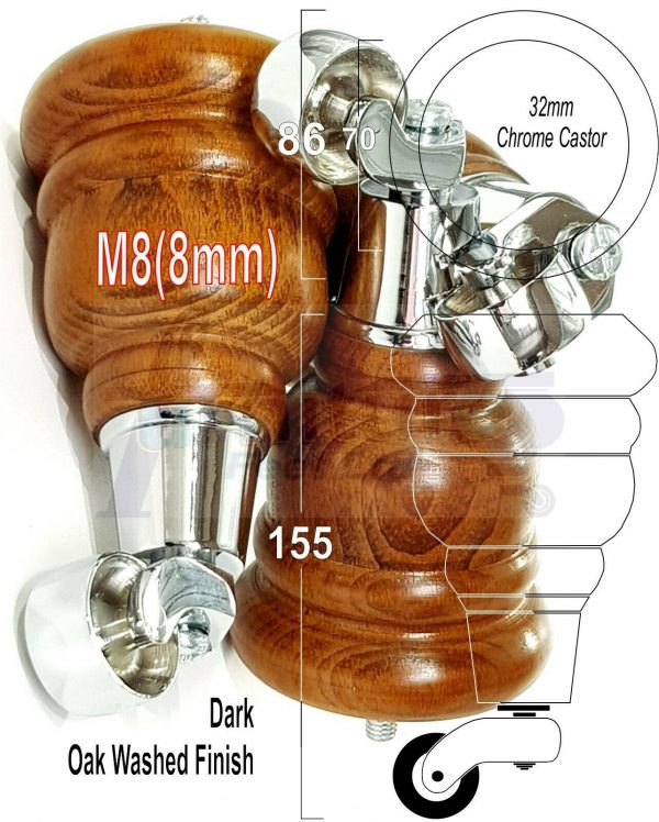 4x WOODEN FURNITURE LEGS M8(8mm) CHAIR REPLACEMENT CHROME CASTOR FEET 155mm HIGH - Image 19
