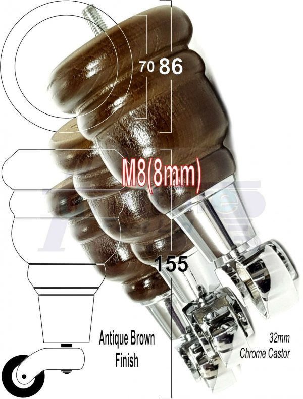 4x WOODEN FURNITURE LEGS M8(8mm) CHAIR REPLACEMENT CHROME CASTOR FEET 155mm HIGH - Image 13