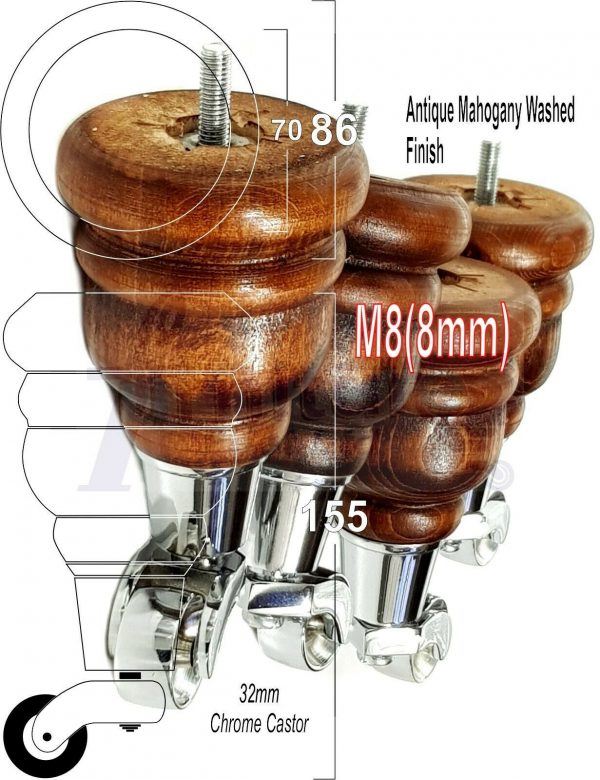4x WOODEN FURNITURE LEGS M8(8mm) CHAIR REPLACEMENT CHROME CASTOR FEET 155mm HIGH - Image 39