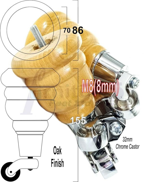 4x WOODEN FURNITURE LEGS M8(8mm) CHAIR REPLACEMENT CHROME CASTOR FEET 155mm HIGH - Image 29
