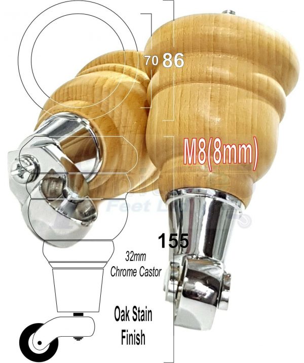 4x WOODEN FURNITURE LEGS M8(8mm) CHAIR REPLACEMENT CHROME CASTOR FEET 155mm HIGH - Image 30