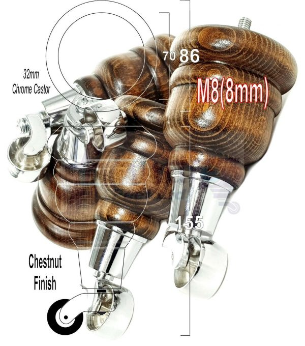 4x WOODEN FURNITURE LEGS M8(8mm) CHAIR REPLACEMENT CHROME CASTOR FEET 155mm HIGH - Image 42