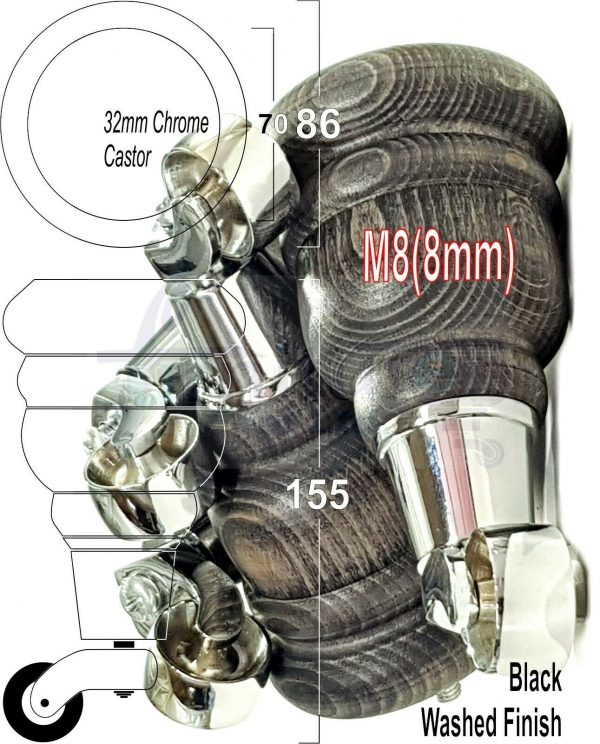 4x WOODEN FURNITURE LEGS M8(8mm) CHAIR REPLACEMENT CHROME CASTOR FEET 155mm HIGH - Image 16