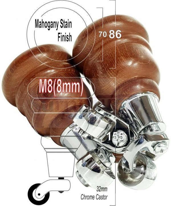 4x WOODEN FURNITURE LEGS M8(8mm) CHAIR REPLACEMENT CHROME CASTOR FEET 155mm HIGH - Image 25
