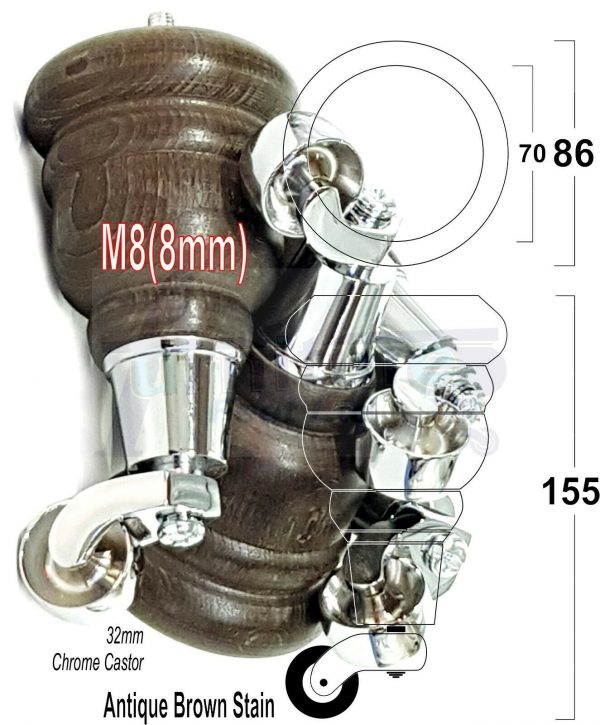 4x WOODEN FURNITURE LEGS M8(8mm) CHAIR REPLACEMENT CHROME CASTOR FEET 155mm HIGH - Image 14