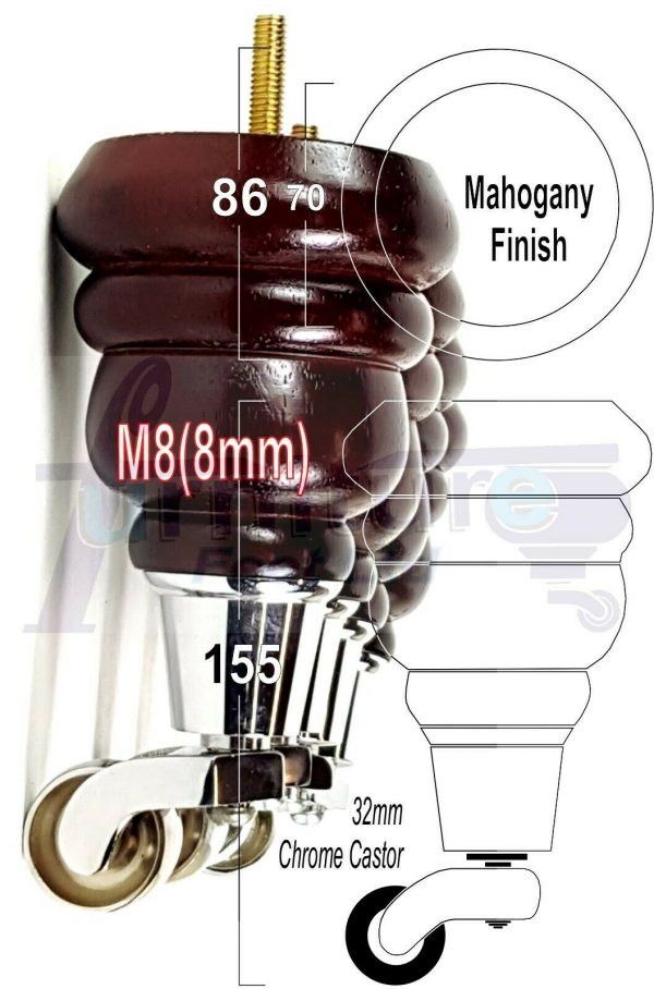 4x WOODEN FURNITURE LEGS M8(8mm) CHAIR REPLACEMENT CHROME CASTOR FEET 155mm HIGH - Image 24