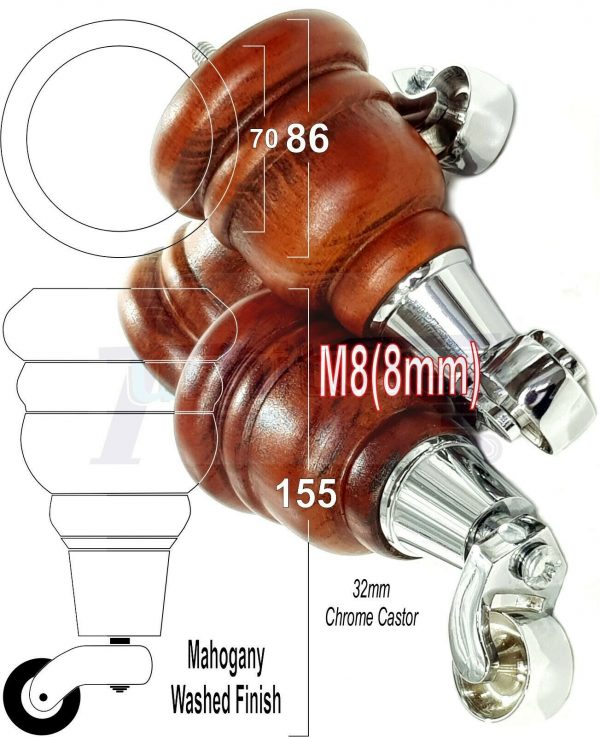 4x WOODEN FURNITURE LEGS M8(8mm) CHAIR REPLACEMENT CHROME CASTOR FEET 155mm HIGH - Image 26
