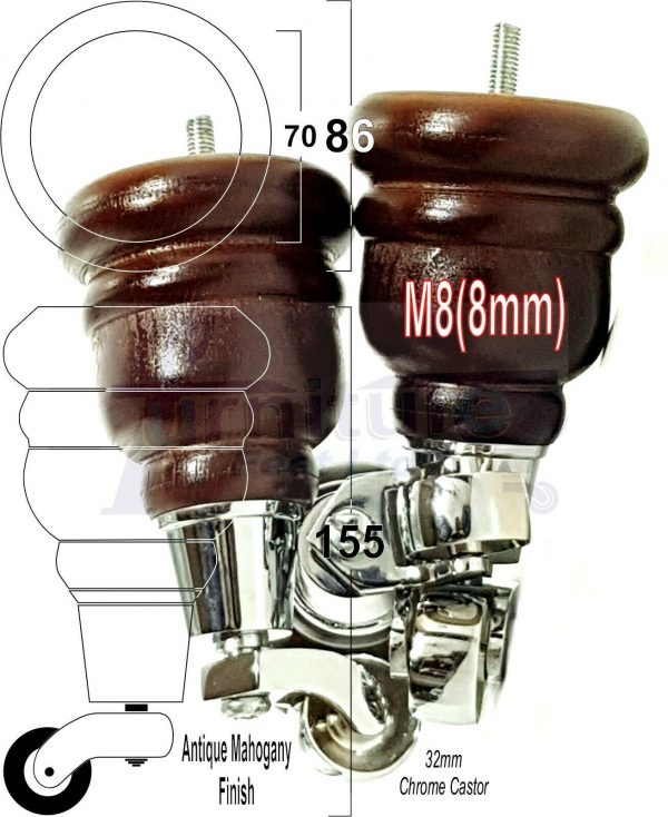 4x WOODEN FURNITURE LEGS M8(8mm) CHAIR REPLACEMENT CHROME CASTOR FEET 155mm HIGH - Image 37