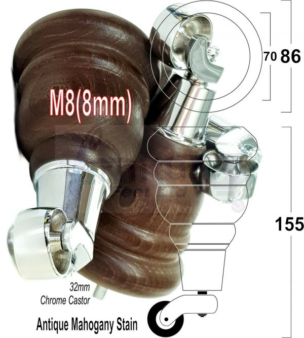 4x WOODEN FURNITURE LEGS M8(8mm) CHAIR REPLACEMENT CHROME CASTOR FEET 155mm HIGH - Image 38
