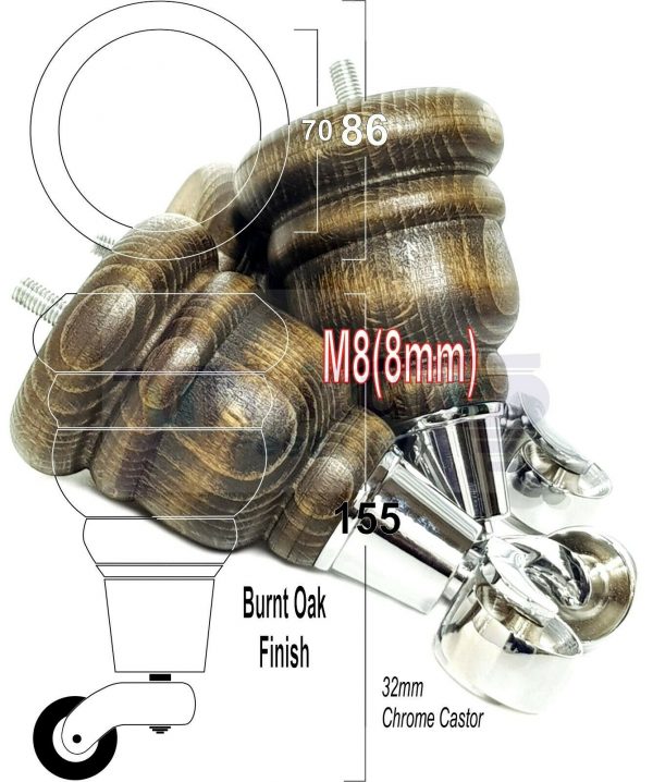 4x WOODEN FURNITURE LEGS M8(8mm) CHAIR REPLACEMENT CHROME CASTOR FEET 155mm HIGH - Image 41