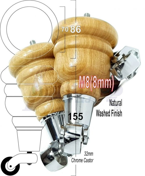 4x WOODEN FURNITURE LEGS M8(8mm) CHAIR REPLACEMENT CHROME CASTOR FEET 155mm HIGH - Image 43