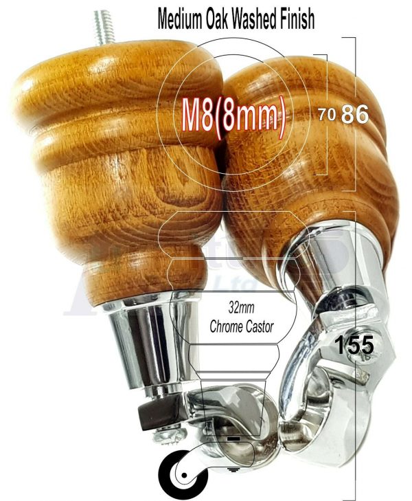 4x WOODEN FURNITURE LEGS M8(8mm) CHAIR REPLACEMENT CHROME CASTOR FEET 155mm HIGH - Image 27