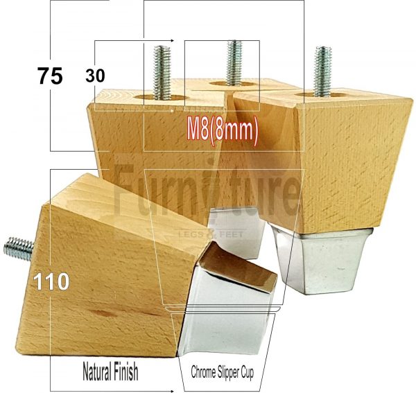 4x Wood Furniture Sofa Leg M8 Replacement Chair, Settee Feet & Slipper Cup 110mm - Image 5