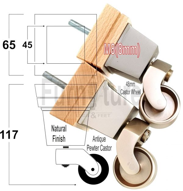 4x Wood Furniture Sofa Legs M8 Replacement Chair, Settee Feet & Castors 117mm - Image 16