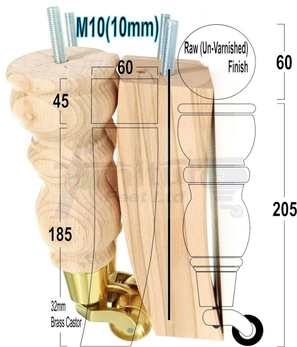 Raw Wooden Furniture Settee Legs M10 Replacment Feet 2 With Castor 2 Curved Legs 215mm HIGH - Image 9