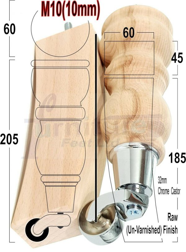 Raw Wooden Furniture Settee Legs M10 Replacment Feet 2 With Castor 2 Curved Legs 215mm HIGH - Image 10