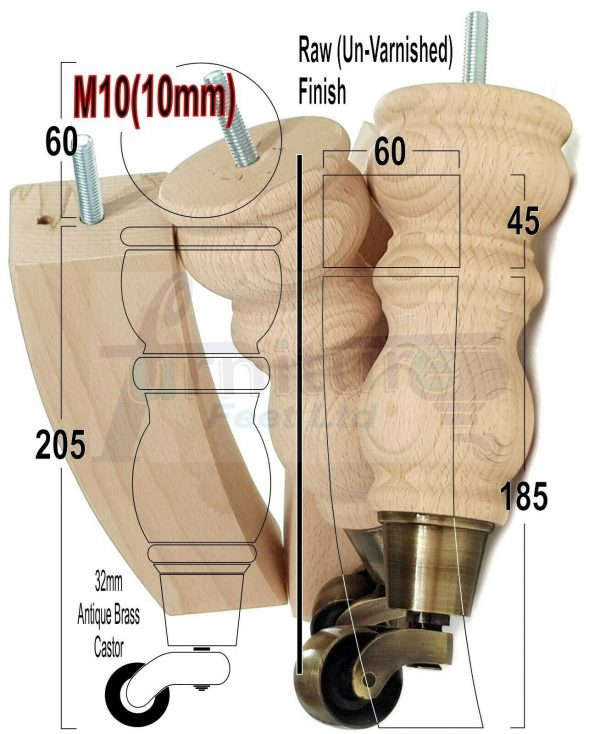 Raw Wooden Furniture Settee Legs M10 Replacment Feet 2 With Castor 2 Curved Legs 215mm HIGH - Image 11
