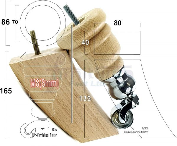 RAW WOODEN FURNITURE SETTEE LEGS M8 REPLACEMENT FEET 2 WITH CASTORS 165mm HIGH - Image 18