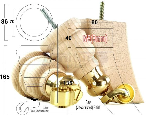 RAW WOODEN FURNITURE SETTEE LEGS M8 REPLACEMENT FEET 2 WITH CASTORS 165mm HIGH - Image 17