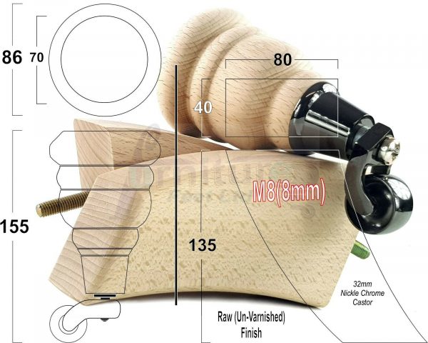 RAW WOODEN FURNITURE SETTEE LEGS M8 REPLACEMENT FEET 2 WITH CASTORS 165mm HIGH - Image 16
