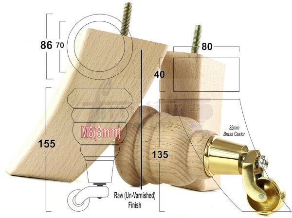 RAW WOODEN FURNITURE SETTEE LEGS M8 REPLACEMENT FEET 2 WITH CASTORS 165mm HIGH - Image 13