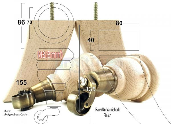 RAW WOODEN FURNITURE SETTEE LEGS M8 REPLACEMENT FEET 2 WITH CASTORS 165mm HIGH - Image 15