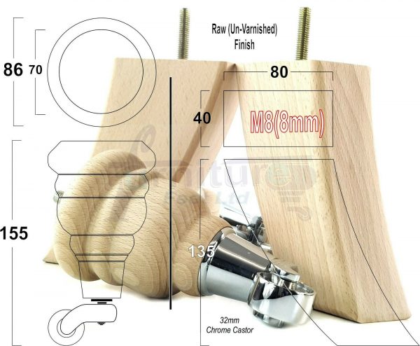 RAW WOODEN FURNITURE SETTEE LEGS M8 REPLACEMENT FEET 2 WITH CASTORS 165mm HIGH - Image 14